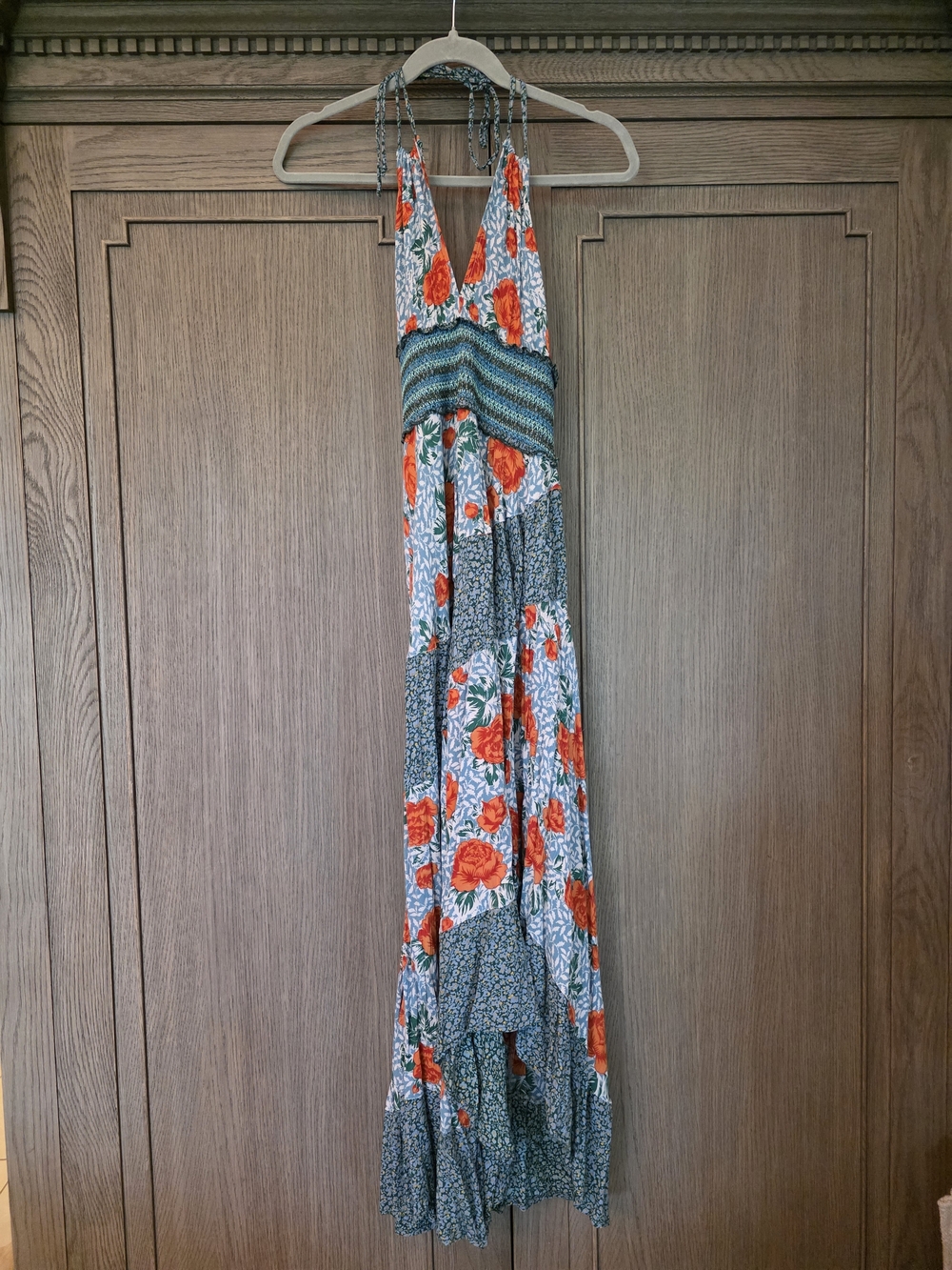 Free People Asymmetrical Floral Maxi Dress in Orange and Blue Size M